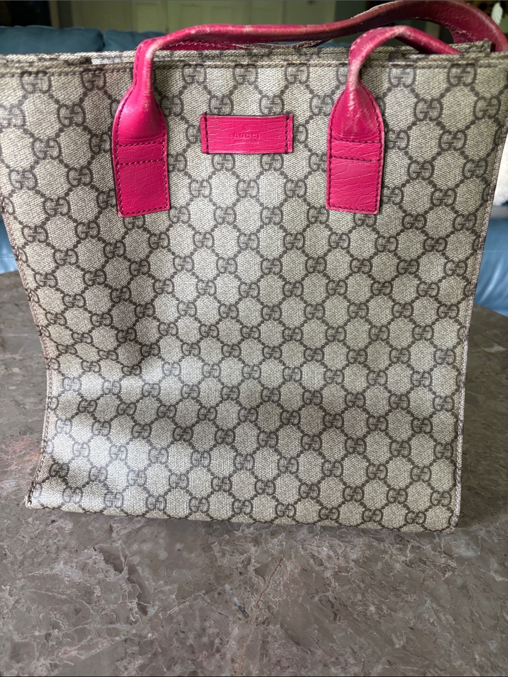 Gucci Beige GG Supreme Canvas Tote with Pink Leather Trim
